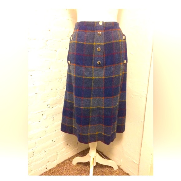 Courreges Vtg 70s wool a line skirt blue plaid gold button size 2,All Products : American Fashion Style Bags On Sale